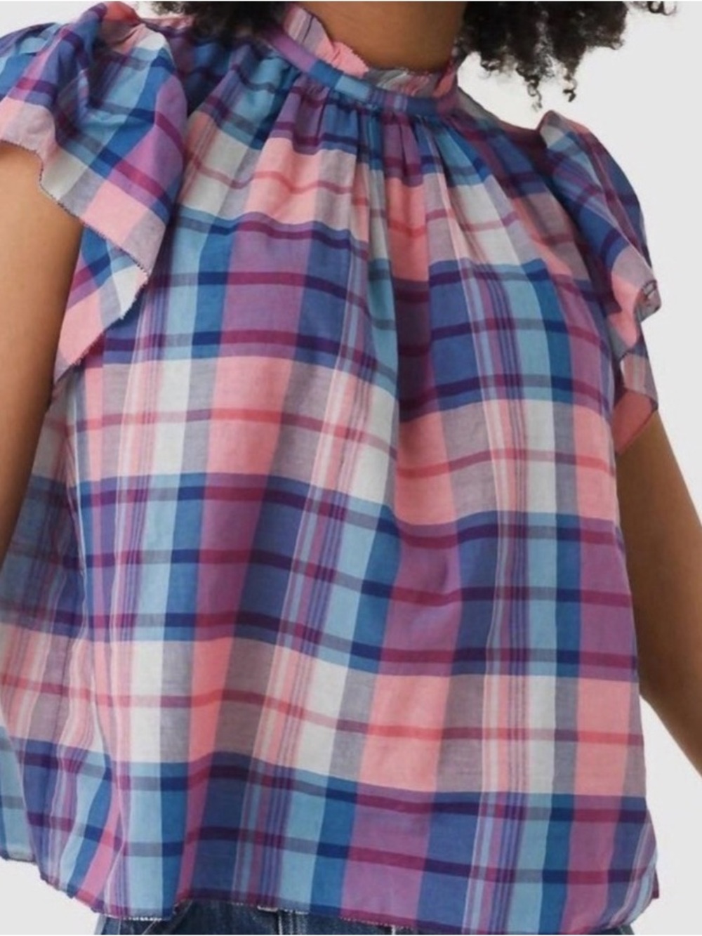 Birds of Paradis by Trovata Plaid Ruffle Short Sleeve Blouse Top - Picture 3 of 8
